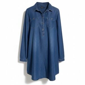 Vintage Lucky Brand Chambray Shirt Dress L Blue Lyocell Long Sleeve Western